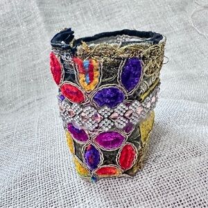 Artisan Wide Cuff Bracelet Gold Fabric Baroque Embellished Handmade OOAK 7-8